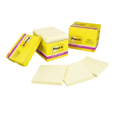 Post-It Pads in Canary Yellow, Cabinet Pack, Note Ruled, 4" x 4", 90 Sheets/Pad, PK12 675-12SSCP